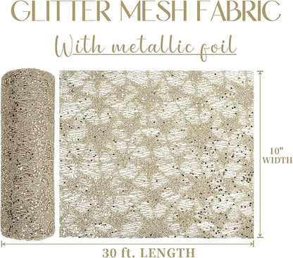 MEEDEE Champagne Gold Glitter Mesh Star Web Ribbon 10 Inch Wide by 10 Yards Roll Champagne Fabric Ribbon Decorative Champagne Mesh Ribbon for Christmas Tree, Garland, Holiday Wreaths, Bows