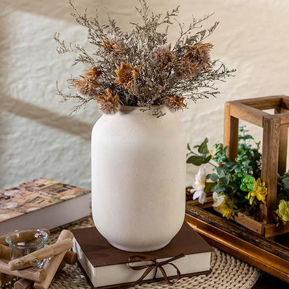 Rustic Ceramic Farmhouse Flower Large Vase, Whitewashed Terra Cotta Vase, Pottery Decorative Flower for Home Decor, Table, Living Room Decoration, Shelf Decor, Mantel, 9.5 Inch, White