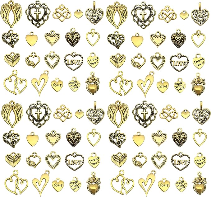 WOCRAFT 60pcs Antique Gold Heart Valentine's Day Wedding Charms for Jewelry Making Sets DIY Necklace Bracelet Keychain Crafting Charms Kit Craft Supplies (SN918)