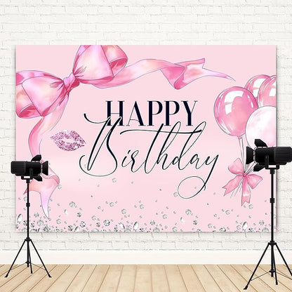 Pink Bow Happy Birthday Backdrop 7Wx5H Photography Bowknot Balloons Coquette Birthday Lips Diamond Balloons Background Woman Bachelorette Party Decorations Banner Photo Booth Props Supplies