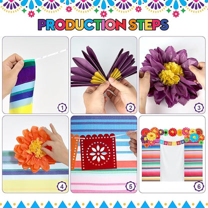 17 Pieces Mexican Party Decorations Set Mexican Paper Flowers Fiesta Ruffled Streamer Backdrop Papel Picado Banner Mexico Party Decorations for Hispanic Heritage Month , Cinco De Mayo Decor