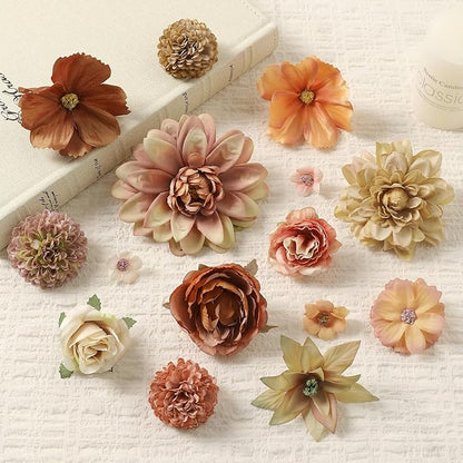 Fake Flower Heads Bulk - Coffee Silk Daisy & Rose Fall Artificial Flower for Crafts, DIY, Graduation Cap, Wedding, Party, Cake Topper, Home Garland Decor