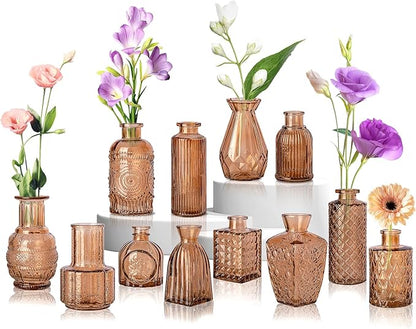 Gold Amber Glass Bud Vase Set of 12, Small Vintage Flower Bottle Petite Glass Flower Vase for Floral Arrangements, Decorative Centerpiece,Table Decor,Home Wedding Party