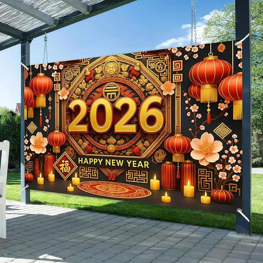 Chinese New Year Banner 71x43 Inch 2026 Spring Festival Wall Decoration with Red Lanterns and Plum Blossoms Lunar New Year Backdrop for Home Party Holiday Photo Background