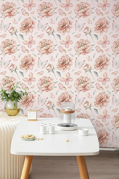 Safiyya Peel and Stick Wallpaper Floral Contact Paper for Cabinets and Drawers Modern Wall Paper Pink Peony Self Adhesive Removable Wallpaper for Bedroom Vinyl Rolls 78.7''×17.3"