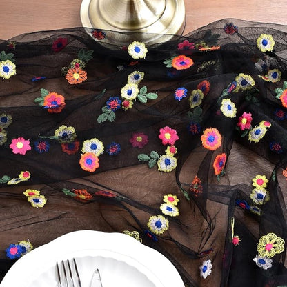 Joanlody 3pcs Black Embroidery Daisy Christmas Table Runner 10ft Florals Seasonal Tulle Table Runner Holiday Kitchen Dining Table Decoration for Home Party Indoor