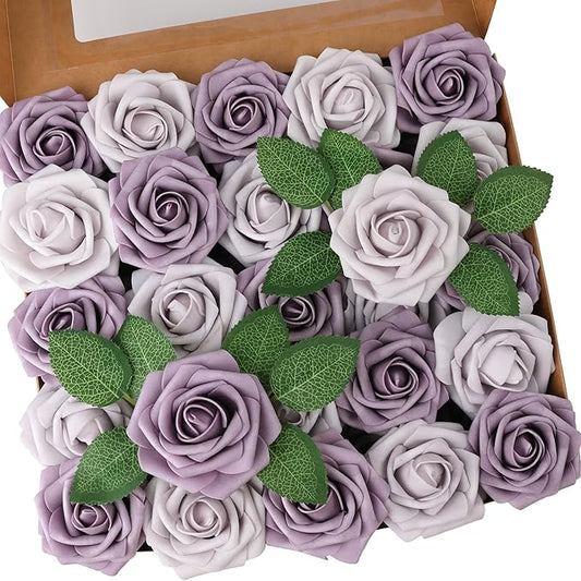 50pcs Artificial Flower，Real Touch Foam Roses w/Stem DIY for Wedding Bouquet Centerpieces Party Shower Home Decor-Violet Lavender Purple