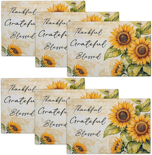 Farmhouse Sunflower Placemats Set of 6, Thankful Grateful Blessed Place Mats, Rustic Bee Dining Table Mats, Washable Placemats for Kitchen Dining Room Home Decor 18L'' × 12W''