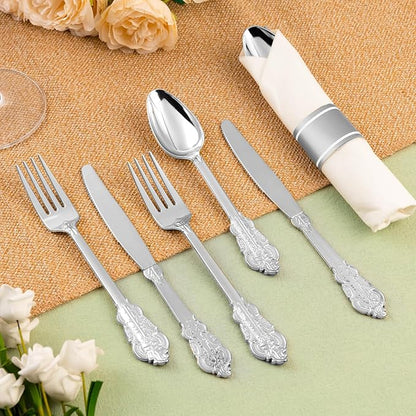 75PCS Silver Plastic Silverware for 25 Guests, Heavy Duty Silver Disposable Utensils Sets, Includes 25 Forks, 25 Spoons, 25 Knives, Elegant Cutlery Perfect for Wedding or Party