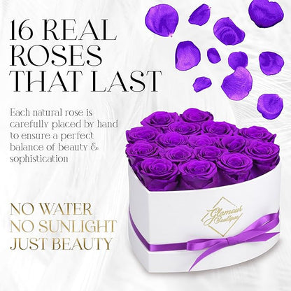 GLAMOUR BOUTIQUE Preserved Roses in a Box - Gifts for Her, Wife & Mom, Rose Flowers Forever Decor for Birthday Gift, Get Well Flower Bouquet Cased in White Box with Cover - Purple - 16-Piece