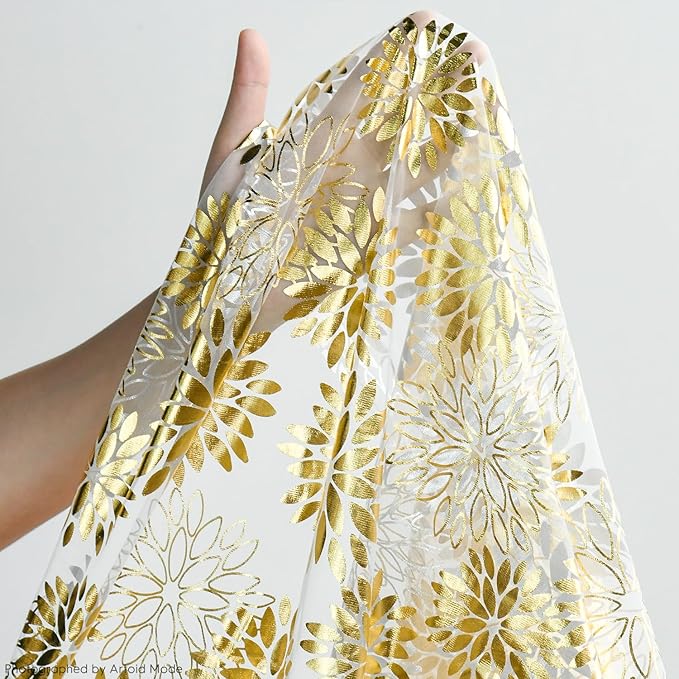 Artoid Mode Beige Gold Dahlia Flower Gauze Table Runner 120 Inch 10FT, Glitter Metallic Foil Seasonal Sheer Dining Holiday Table Decor for Home Party