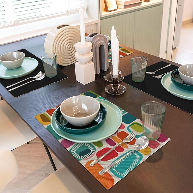 Mid Century Colorful Modern Placemats Set of 6,Kitchen Table Mats for Dining Outdoor Home Decor 12x18 Retro Place Mats 6 PCS, Style-15