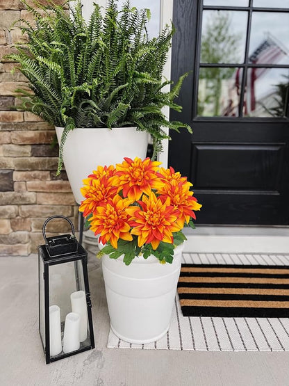 Hollyone 2Pcs Orange Artificial Dahlia Flowers Bush 7 Heads Silk Fake Dahlias Flowers with Stems Wedding Bouquets Faux Dahlia Flowers Arrangements for Outdoor Indoor DIY Table Centerpieces Home Decor