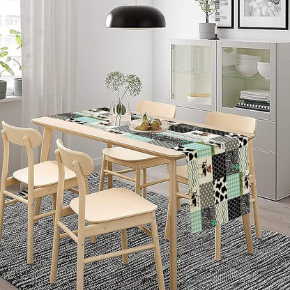 Cute Cow Print Table Runner,Farm Animals Honeycomb Plaid Stripes Cowhide Pattern Tablecloth Burlap for Hotel Indoors Outdoor Dining Room Kitchen Table Decor, 13x80in