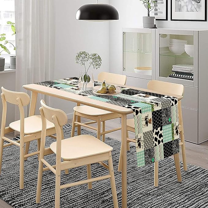Cute Cow Print Table Runner,Farm Animals Honeycomb Plaid Stripes Cowhide Pattern Tablecloth Burlap for Hotel Indoors Outdoor Dining Room Kitchen Table Decor, 13x108in