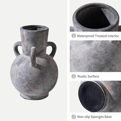 Rustic Grey Terracotta Ceramic Vase with Handles, Vintage Pottery Floral Vases, Cottage Core for Home Decor Table Centerpiece, Large Flower Vase for Bouquets Table Mantel Bedroon Bathroom 8.5 Inch