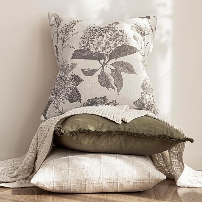Foindtower Set of 2 Linen Floral Vintage Throw Pillow Covers Neutral Accent Decorative Cushion Covers Farmhouse Boho Home Decor for Sofa Chair Couch Bedroom Living Room,18×18 Inch,Light Gray