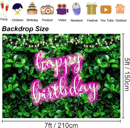 7x5ft Green Leaves Happy Birthday Decoration for Women Shiny Pink Neon Sign Party Backdrop Banner for Girl Princess 20th 30th 40th 50th Birthday Background Photo Booth Props