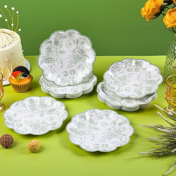 Green Floral Party Plates Vintage Floral Leaf Disposable Paper Plates Wildflower Sage Green Toile 7" Scalloped Rim Dessert Plates for Christmas Birthday Bridal Tea Party Supplies (24)