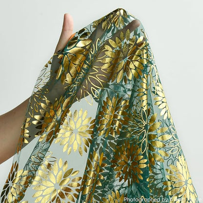 Artoid Mode 3PCS Green Gold Dahlia Flower Gauze Table Runner 120 Inch 10FT, Glitter Metallic Foil Seasonal Sheer Dining Holiday Table Decor for Home Party
