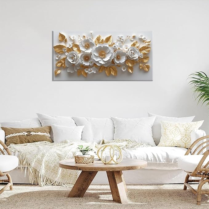 IDAFU Flower Wall Art White Foral and Golden Leaves Wall-décor White Wall Art Floral Painting Pictures for Living Room Bathroom Bedroom Kitchen Office Cuadros Decorativos Para Sala Decor 46L x 23W