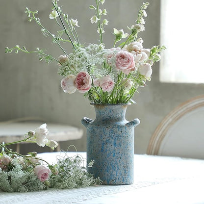 Rustic Vintage Metal Flower Vase for Decor Milk Jug Small Vases for Flowers Kitchen Decorations, Cylindrical,Perfect for Kitchen, Dining Room, Living Room,Housewarming Gift, Blue