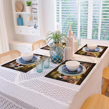 Grape Placemats, Place Mats Set of 4, Heat Resistant Place Mats, Washable Table Mats for Dining Table, Non-Slip Stain Resistant Kitchen Table Placemats, Floral Vintage Fruit Rustic