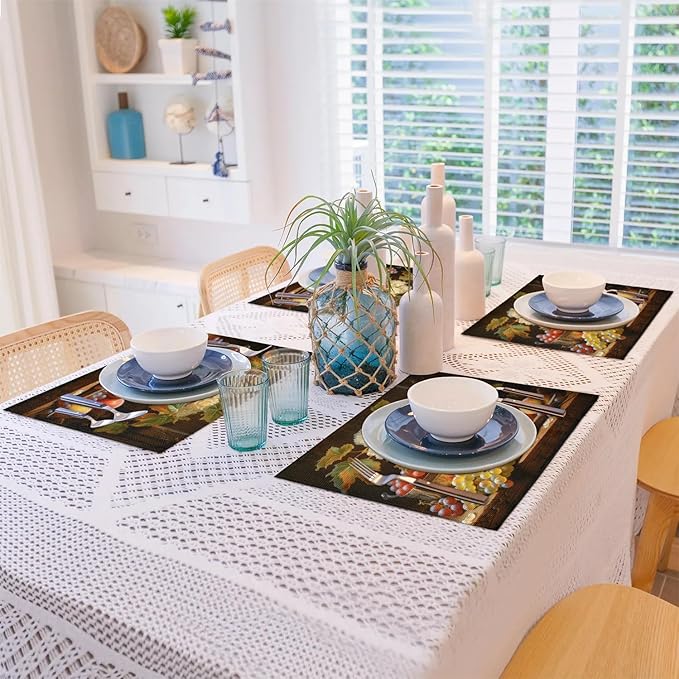 Grape Placemats Set of 6, Washable Linen Place Mats, Floral Vintage Fruit Rustic Table Mats for Kitchen Dining Table Decor Heat Resistant Tablemats 12x18