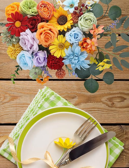 Multi Use Rainbow Colorful Artificial Flowers Combo, Fake Roses Silk Sunflower with Stems for DIY Bridal Wedding Bouquets Baby Shower Floral Arrangements Centerpiece Party Home Decorations (Rainbow2)