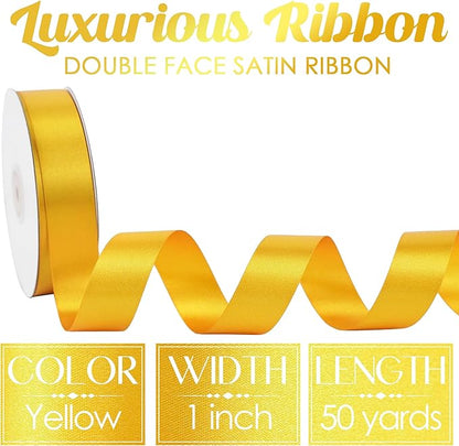 MEEDEE Yellow 1 Inch Ribbon Yellow Satin Ribbon Lux Double Faced Ribbons by 50 Yards Polyester Wrapping Ribbons for Crafts, Wedding, Flower Bouquet, Holiday Decorating