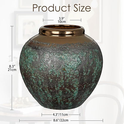 Ceramic Flower Vase, 12" Rustic Farmhouse Flower Vase with Wide Bronze Mounth, Vintage Tall Terracotta Vase for Home Office Resto Café Decoration