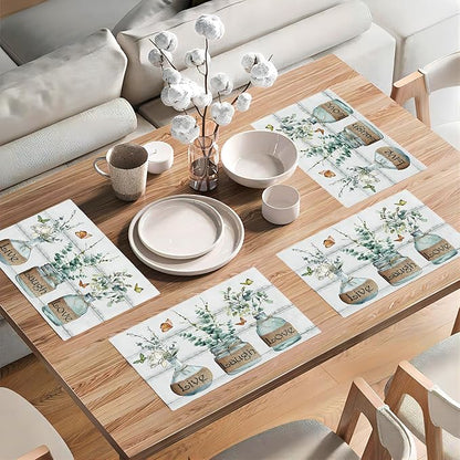 Eucalyptus Placemats Set of 6 Farmhouse Green Botanical Table Mats Washable Place mats for Home Party Indoor Kitchen Dining Table Decoration 12x18 Inch