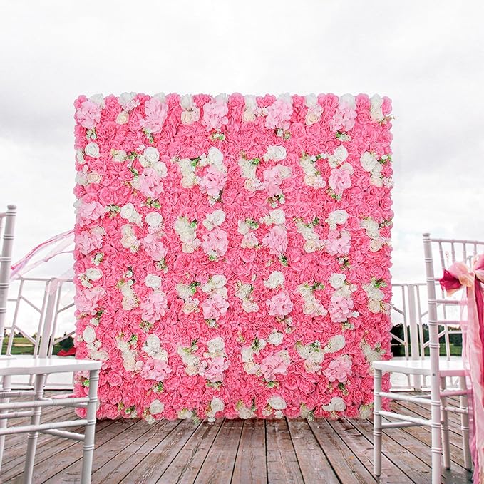 Artificial Flower Wall Panels - 12-Piece Set of 15x15 Inch Silk Roses Floral Backdrop Ideal for Wedding Celebrations, Festive Party Background and Elegant Home Decor -Pink
