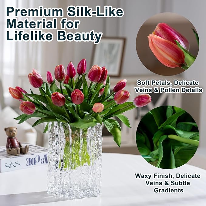 20PCS Fake Tulips Artificial Tulip Silk Flowers Fake PU Bouquet Artificial Flowers Faux Flowers with Gift Box Soft Faux Tulips Bouquets Arrangements for Party Wedding Home