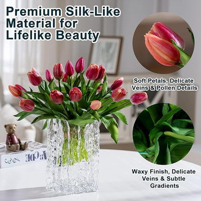 20PCS Fake Tulips Artificial Tulip Silk Flowers Fake PU Bouquet Artificial Flowers Faux Flowers with Gift Box Soft Faux Tulips Bouquets Arrangements for Party Wedding Home