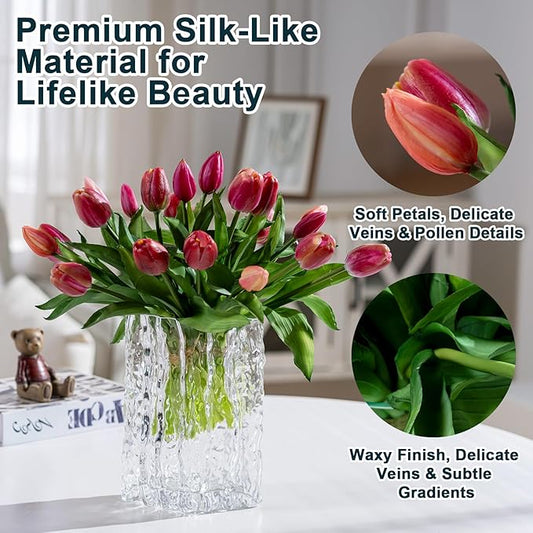20PCS Fake Tulips Artificial Tulip Silk Flowers Fake PU Bouquet Artificial Flowers Faux Flowers with Gift Box Soft Faux Tulips Bouquets Arrangements for Party Wedding Home