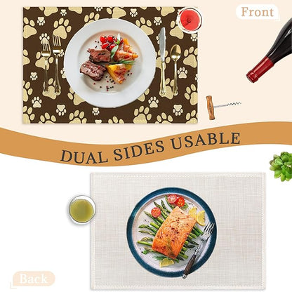 Placemats Set of 6, Cute Dog Paws Place Mats Washable Heat Resistant 12×18 Inch Linen Table Mats for Party Outdoor Dining Décor