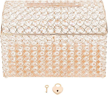 Crystal Wedding Card Box With Heart Lock, Gold Crystal Treasure Chest Money Card Gift Decorative Memory Box for Wedding Birthday Graduation Party