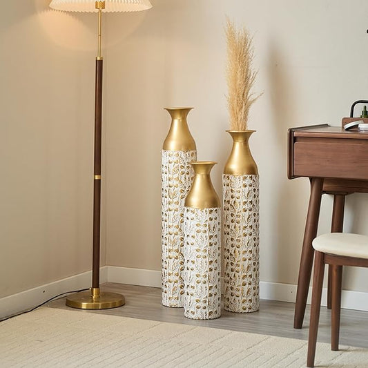 Gilded White 3D Relief Flower Metal Vase Set of 3, Elegant Tall Cylinder Vases for Home Decoration, Modern Gold & White Decorative Floor Vases for Living Room or Entryway