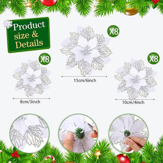 Geosar 24 Pieces Christmas Glitter Poinsettia Flowers Layered Artificial Xmas Flowers Wedding Christmas Tree New Year Ornaments 3/4/6 Inch(White)