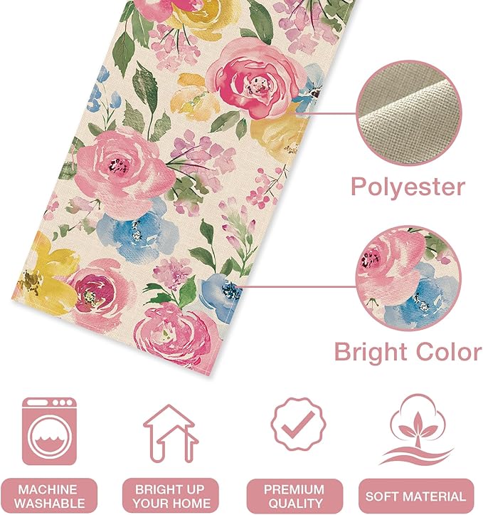 Seliem Spring Summer Watercolor Flower Table Runner, Peony Floral Kitchen Dining Table Decor, Seasonal Burlap Home Decoration Indoor Outdoor Party Supply 13 x 72 Inches