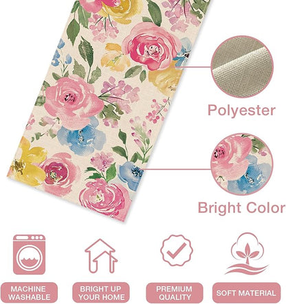 Seliem Spring Summer Watercolor Flower Table Runner, Peony Floral Kitchen Dining Table Decor, Seasonal Burlap Home Decoration Indoor Outdoor Party Supply 13 x 36 Inches