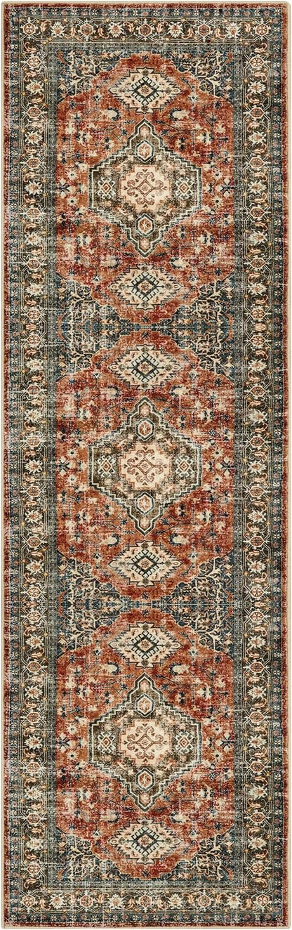 Lahome Oriental Hallway Runner Rug Non Slip, 2.5x8 Kitchen Washable Runner Soft Hallway Rug, Traditional Ultra-Thin Carpet for Bathroom Entryway ‎Laundry Room, Brick Red