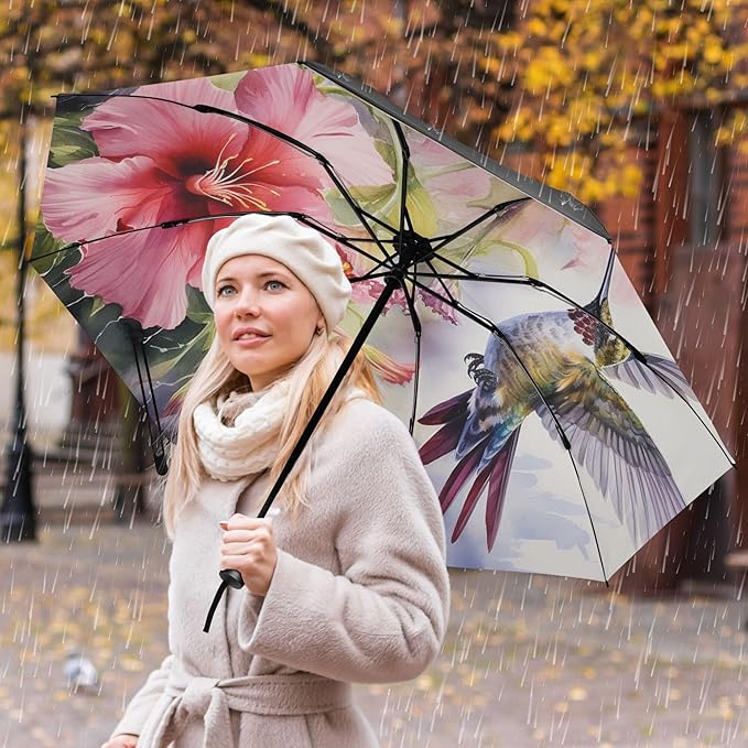 Automatic Folding Umbrella Windproof Strong, UV Protection Compact Floral Hydrangea Hummingbird Sun Rain Sun Rain Travel Umbrellas for Women Men