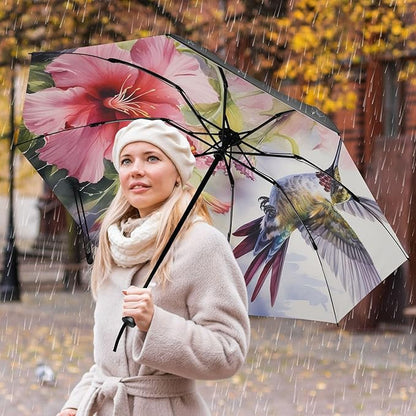 Automatic Folding Umbrella Windproof Strong, UV Protection Compact Floral Hydrangea Hummingbird Sun Rain Sun Rain Travel Umbrellas for Women Men