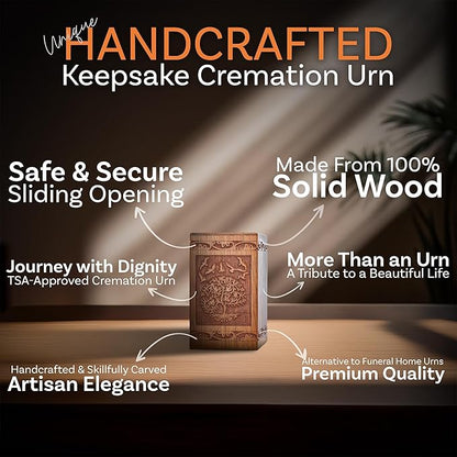 INTAJ Tree of Life Wooden Urn for Human Ashes, 20lbs Capacity, Suitable for Burial for Men, Women, Mom, Dad - Mini Rosewood Keepsake Cremation Urn for Ashes Handcrafted - Wooden Carved Box