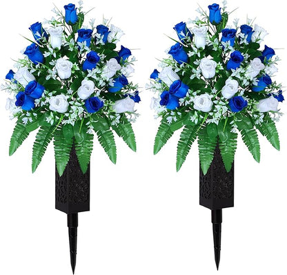 Artificial Cemetery Flowers, Gravesite Decoration Roses, Memorial Bouquets with Cemetery Vase, Vibrant and Long-Lasting Colors (Dark Blue+White, 2 Bundles)