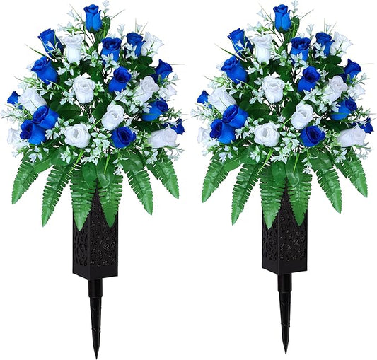 Artificial Cemetery Flowers, Gravesite Decoration Roses, Memorial Bouquets with Cemetery Vase, Vibrant and Long-Lasting Colors (Dark Blue+White, 2 Bundles)