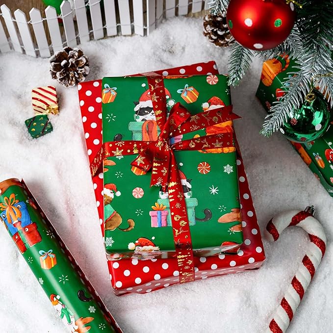 MAYPLUSS Christmas Wrapping Paper Roll - 17 Inch X 33 Feet - Green Cute Cat Christmas Hat Reversible Polka Dot Gift Wrapping Paper, Thick Wrap Paper for Holiday Party New Year Kids