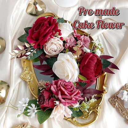 Pre-Made Burgundy Gold Silk Flowers for Cakes Decorations Dark Red Artificial Rose Peony Wedding Cake Toppers Decorating Fake Floral Anniversary Birthday Party Arrangements Table